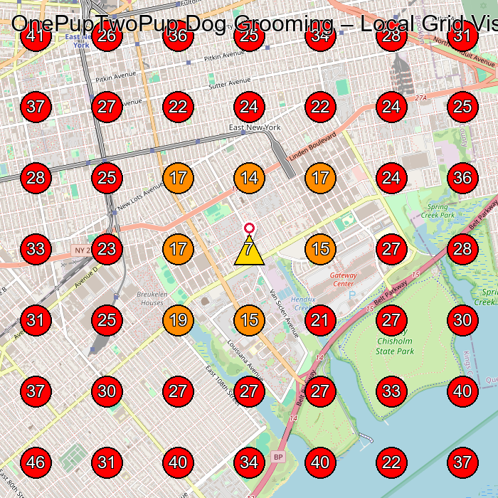 OnePupTwoPup Dog Grooming GeoGrid visibility map for Pet Groomer in None